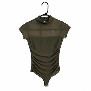 REORIA Ruched Mesh Mock Neck Bodysuit Size S Olive Sheer Slim Fit
